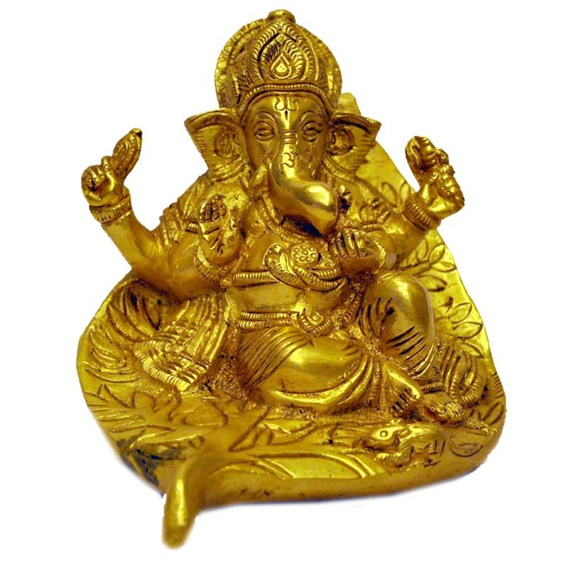 Ganesha On Leaf Brass Idol Divineshop 4699